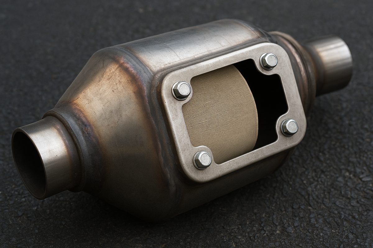 A catalytic converter cut open to show the ceramic honeycomb substrate