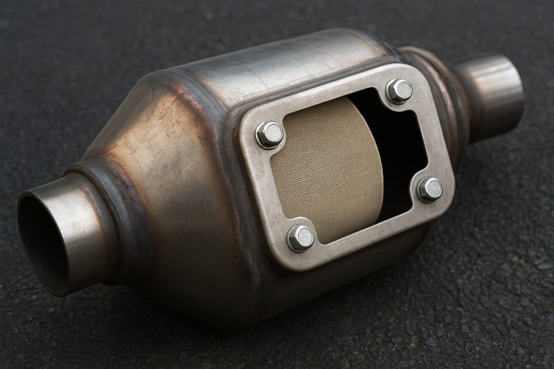 Catalytic converter cut open to show the substrate